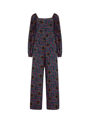 Hestia Shirred Jumpsuit in Black Rainbow Star Explosion from Sugarhill