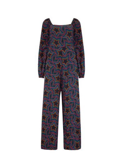 Hestia Shirred Jumpsuit in Black Rainbow Star Explosion from Sugarhill