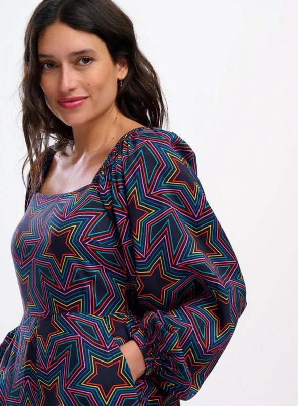Hestia Shirred Jumpsuit in Black Rainbow Star Explosion from Sugarhill