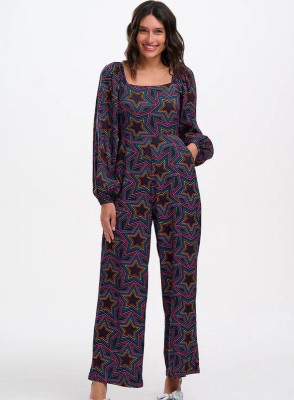 Hestia Shirred Jumpsuit in Black Rainbow Star Explosion from Sugarhill