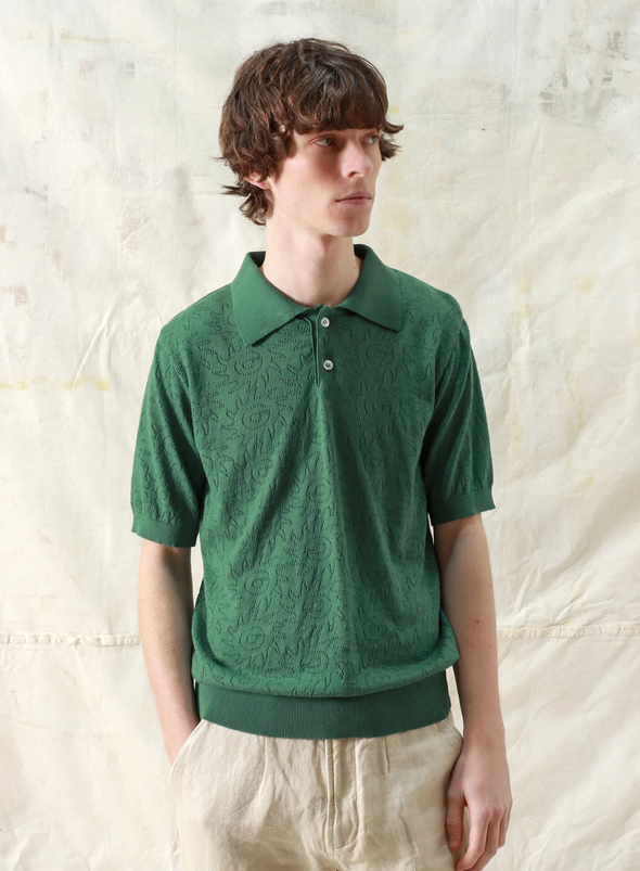 Belser Knitted S/S Polo in Tropical Green Sun Swirls from Far Afield