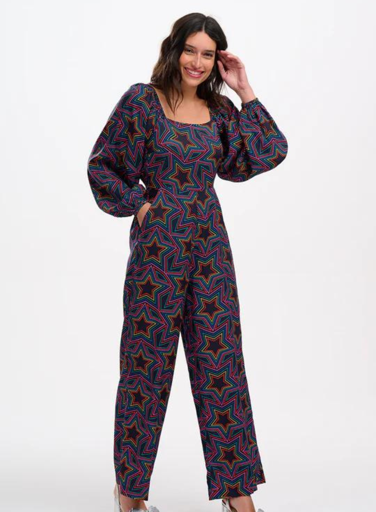 Hestia Shirred Jumpsuit in Black Rainbow Star Explosion from Sugarhill