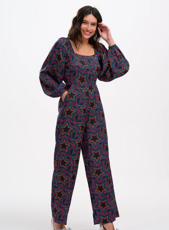 Hestia Shirred Jumpsuit in Black Rainbow Star Explosion from Sugarhill