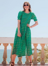 Rosita Midi Shirred Dress in Green Undulating Waves from Sugarhill