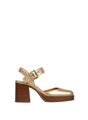 Selena Heels in Gold + Wood from Esska