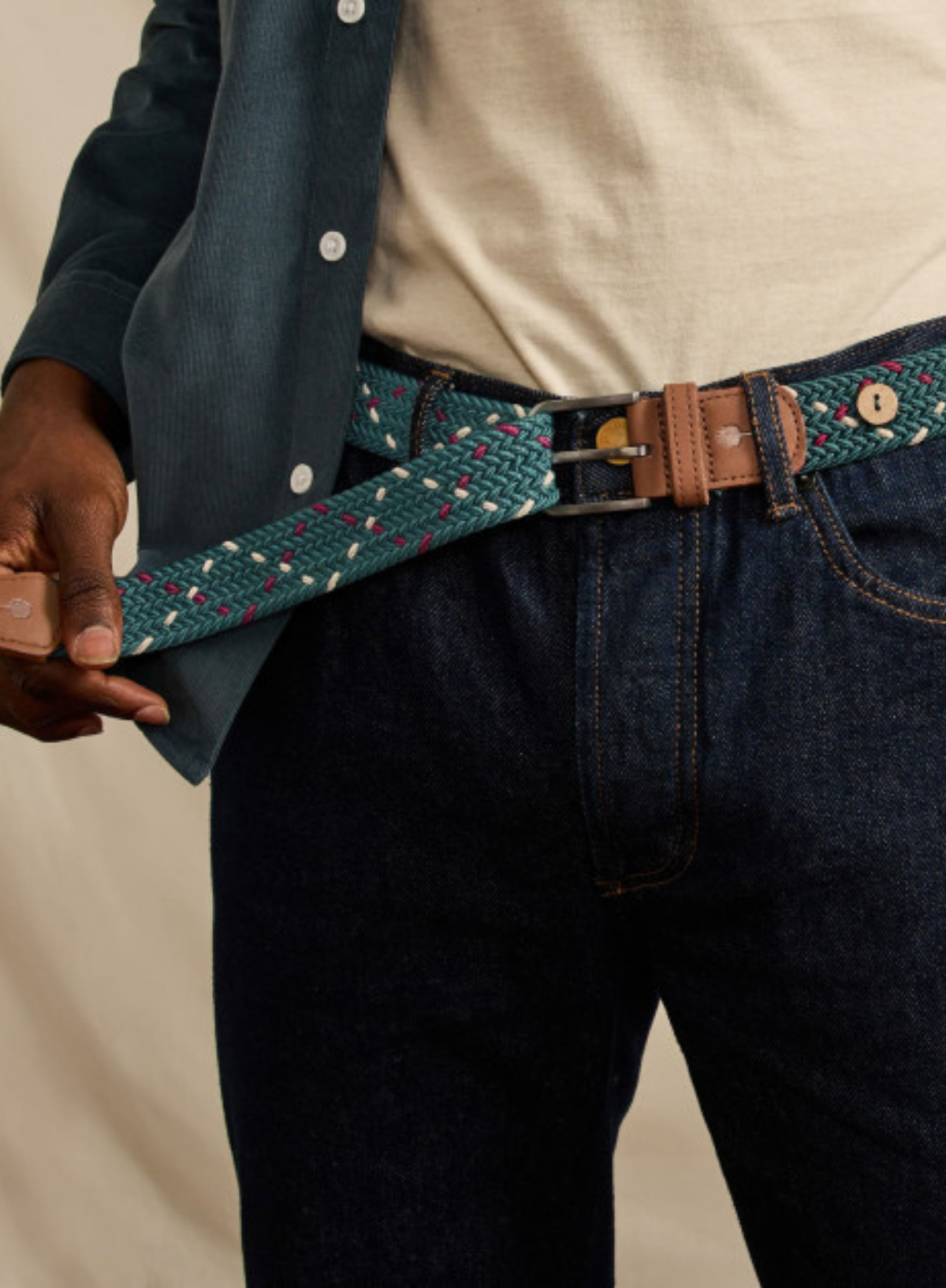 Belt Synthetic Woven in Dark Green & Ecru from Faguo