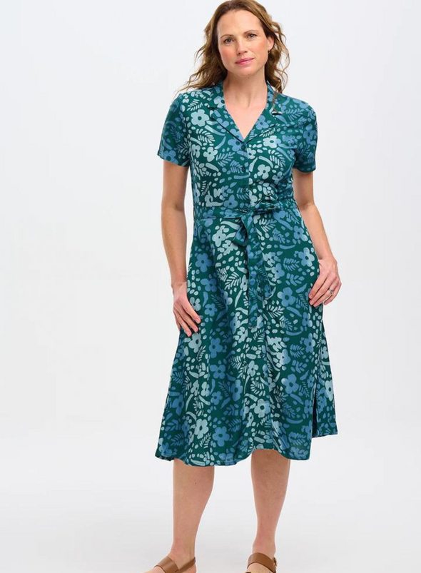 Fiona Batik Midi Shirt Dress in Teal Green Painted Floral from Sugarhill