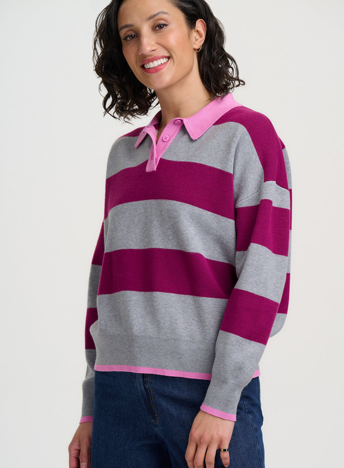 Sugarhill Lana Henley Jumper in Grey Marl/Dark Magenta Pink