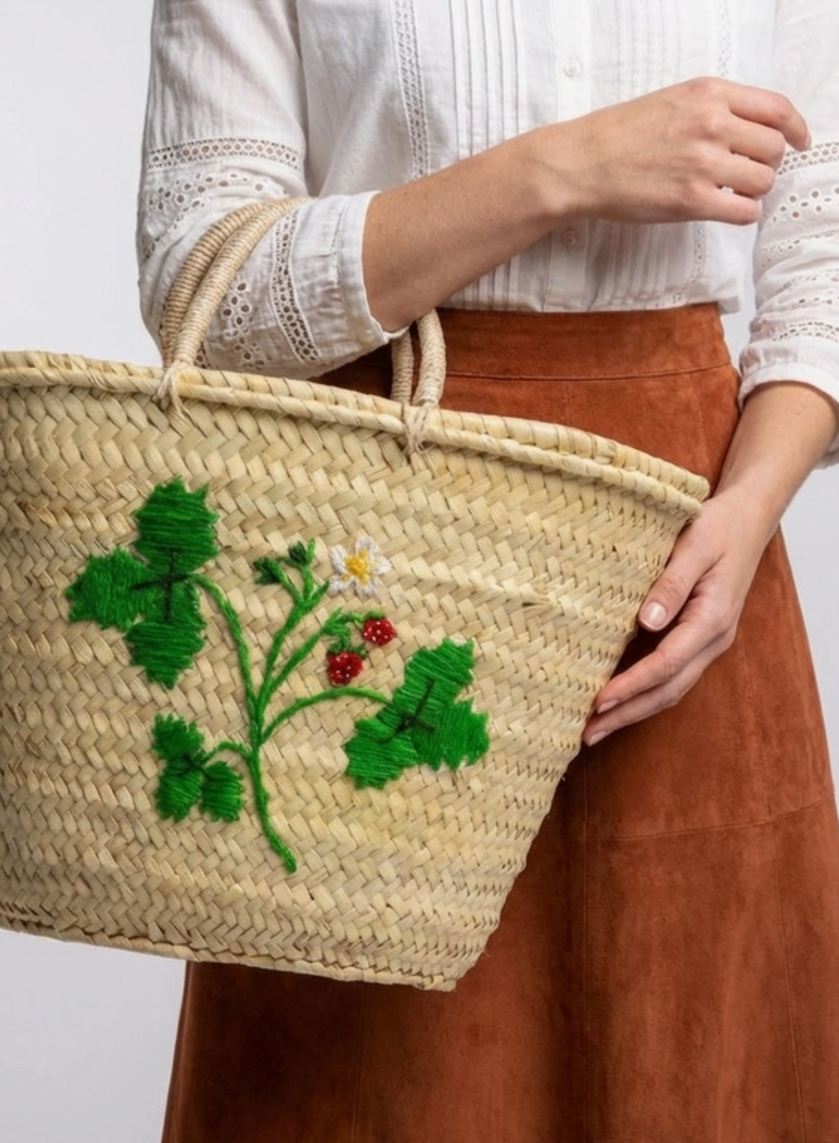Melecraft Market Basket in Embroidered Strawberry Palm Leaf