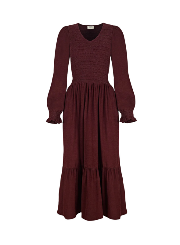 Imogen Smocked Corduroy Dress in Burgundy from By Iris
