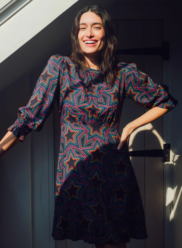 Lorelei Mini Dress in Black, Rainbow Star Explosion from Sugarhill