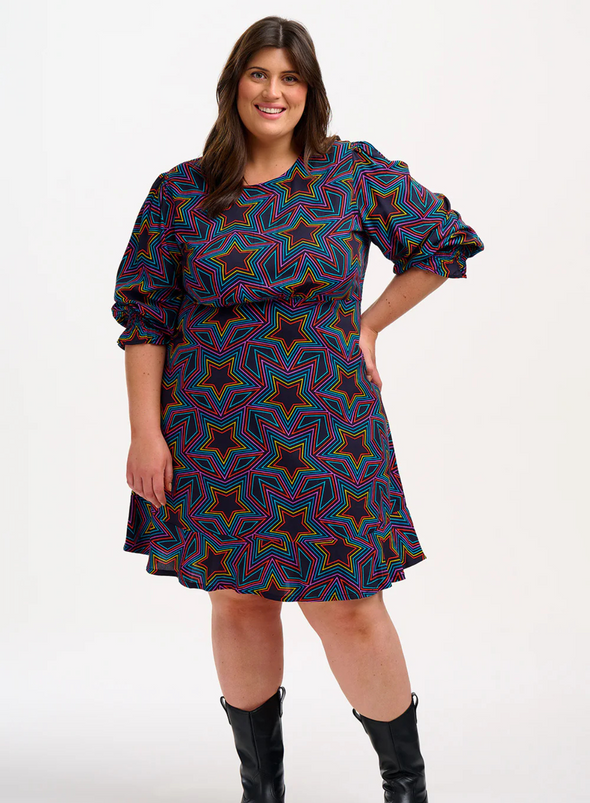 Lorelei Mini Dress in Black, Rainbow Star Explosion from Sugarhill