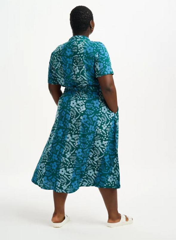 Fiona Batik Midi Shirt Dress in Teal Green Painted Floral from Sugarhill