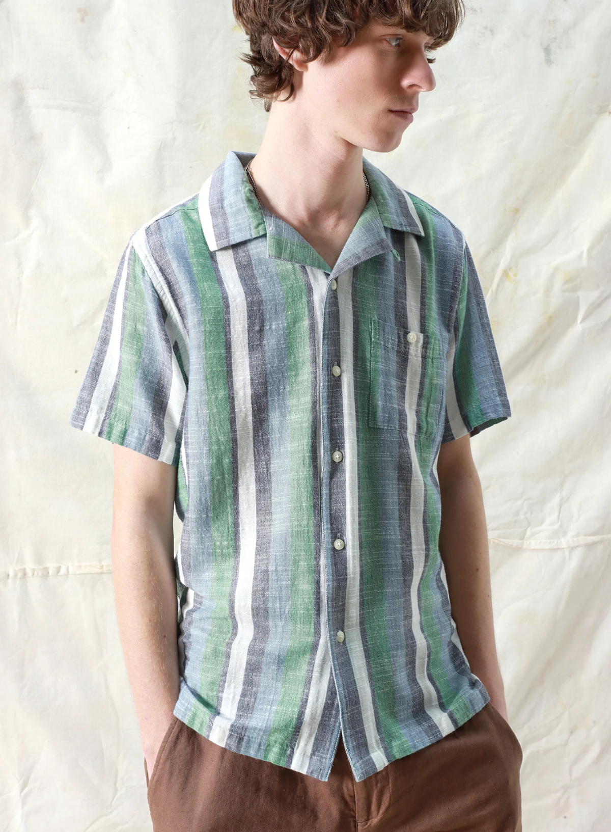 Selleck S/S Shirt in Blue/Green Slub Stripe from Far Afield