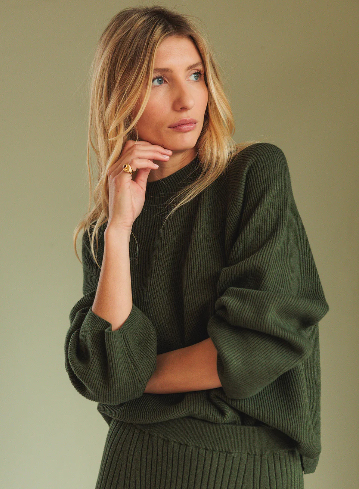 Indi & Cold Wide Sleeved Knit Jumper in Khaki