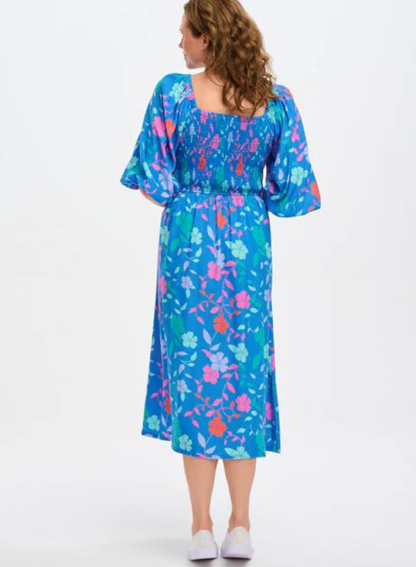 Raquel Midi Shirred Dress in Blue Rainbow Floral Vine from Sugarhill