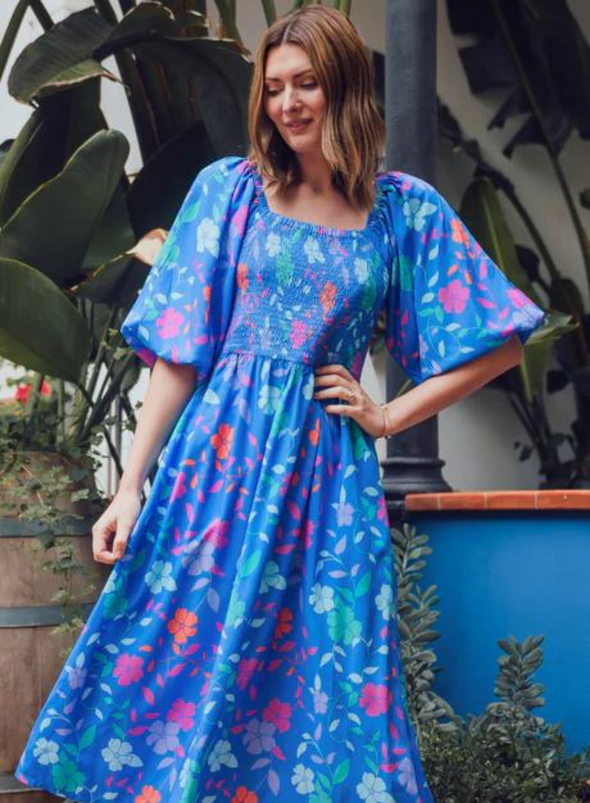 Raquel Midi Shirred Dress in Blue Rainbow Floral Vine from Sugarhill