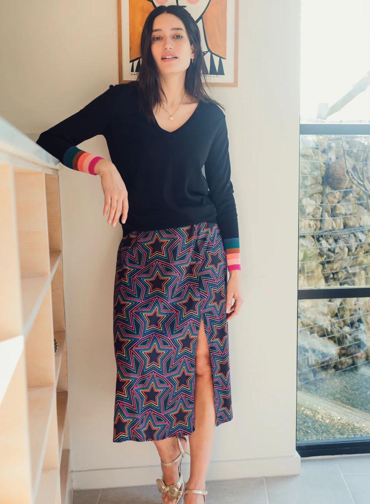 Rosalind Skirt in Black Rainbow Star Explosion from Sugarhill