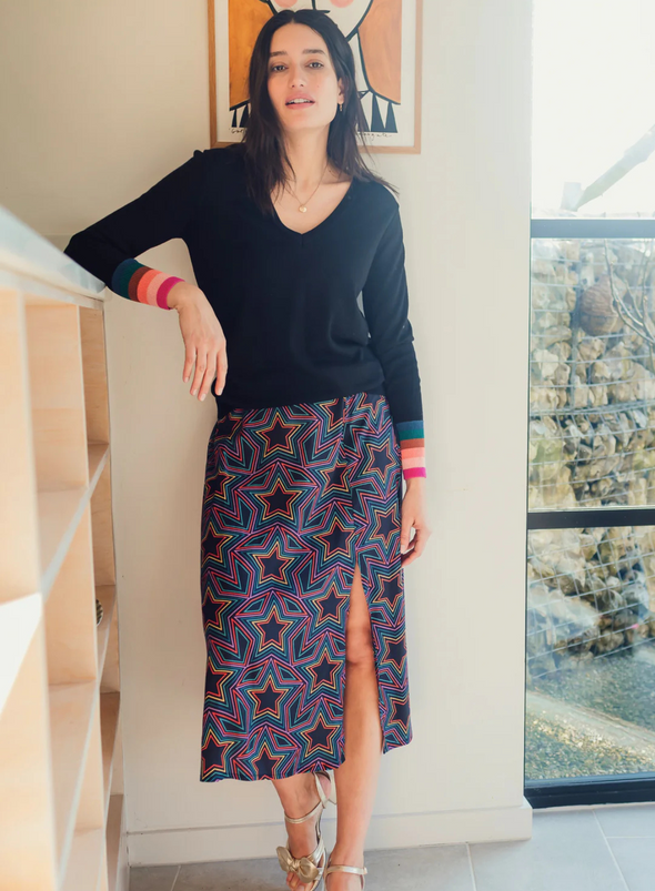 Rosalind Skirt in Black Rainbow Star Explosion from Sugarhill