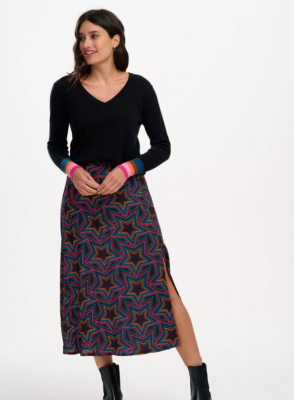 Rosalind Skirt in Black Rainbow Star Explosion from Sugarhill