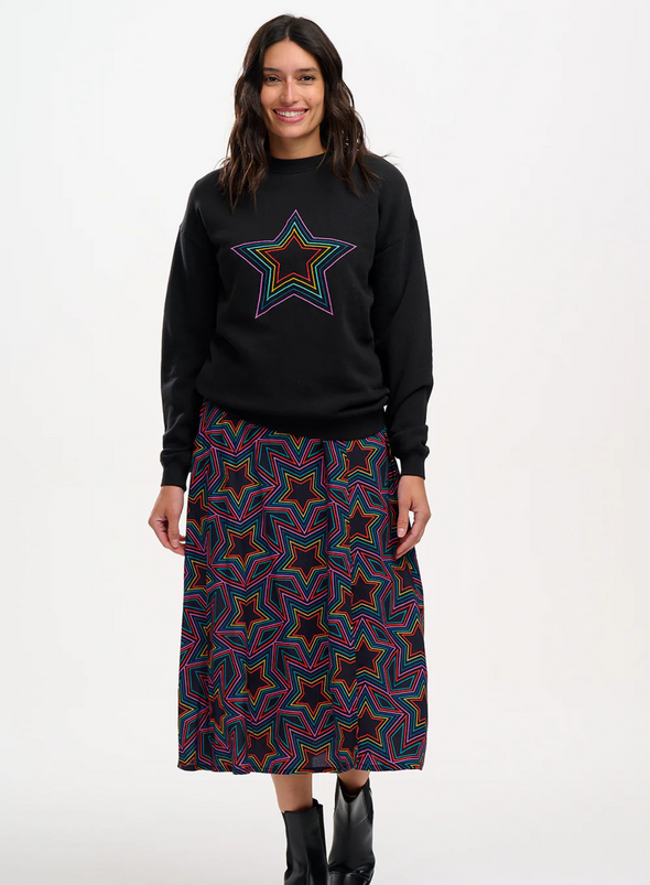 Rosalind Skirt in Black Rainbow Star Explosion from Sugarhill