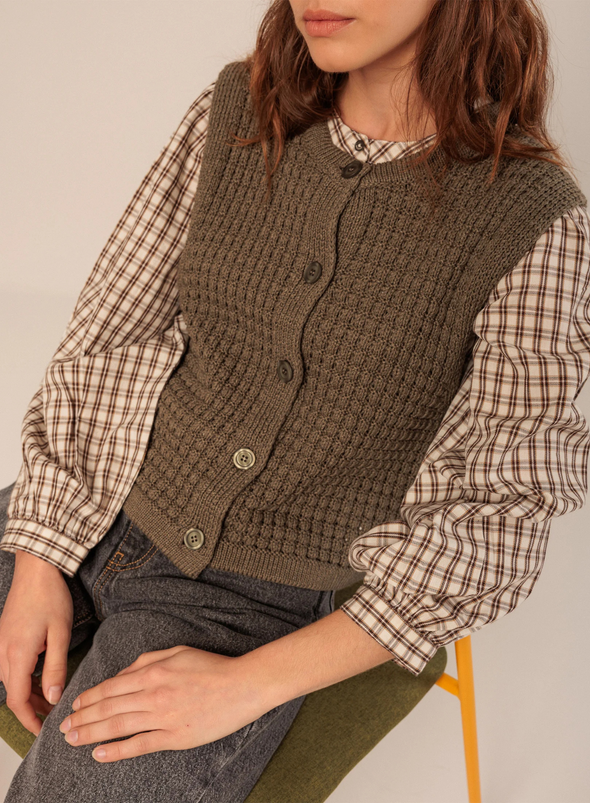 Basket Weave Knit Vest in Khaki from Indi & Cold