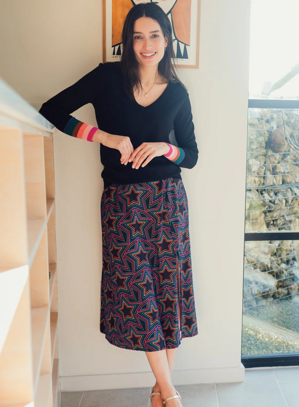 Rosalind Skirt in Black Rainbow Star Explosion from Sugarhill
