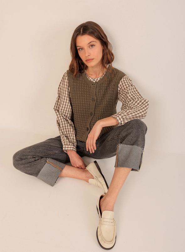 Basket Weave Knit Vest in Khaki from Indi & Cold