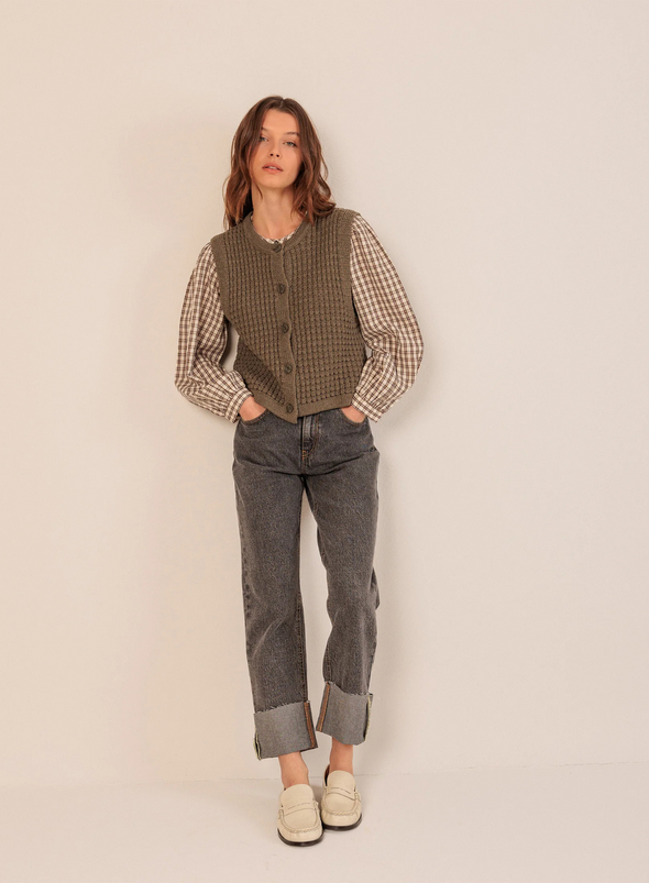 Basket Weave Knit Vest in Khaki from Indi & Cold