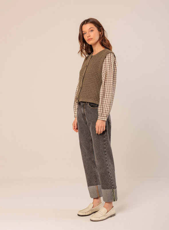 Basket Weave Knit Vest in Khaki from Indi & Cold