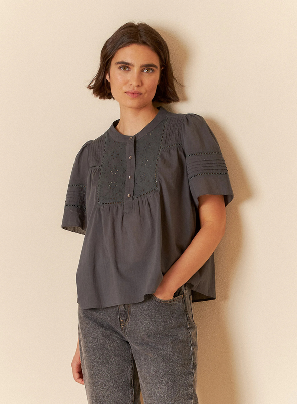 Embroidered Voile Blouse in Carbon from Indi & Cold