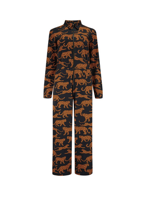 Gertie Cropped Jumpsuit in Black/Tan Large Leopards from Sugarhill