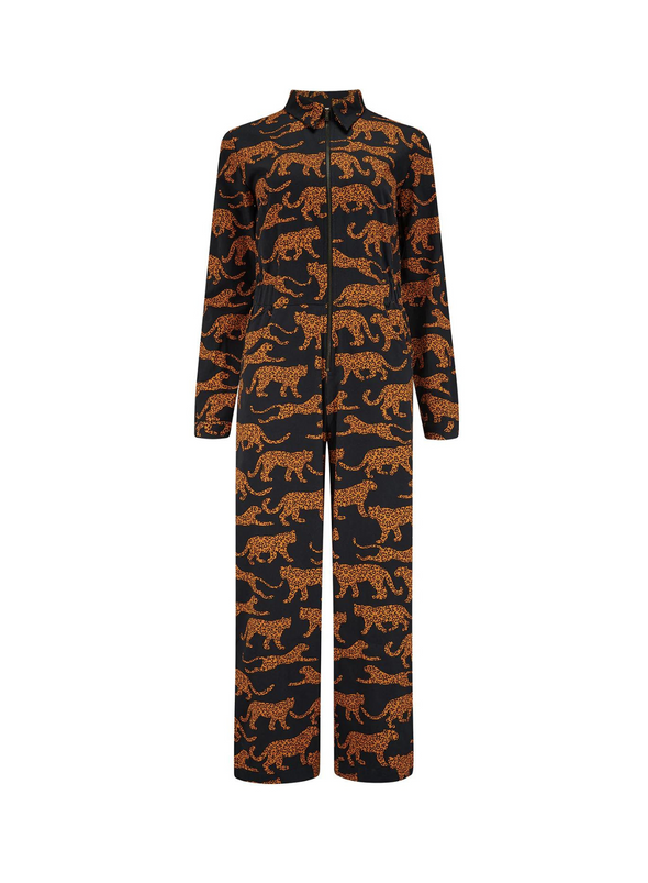 Gertie Cropped Jumpsuit in Black/Tan Large Leopards from Sugarhill