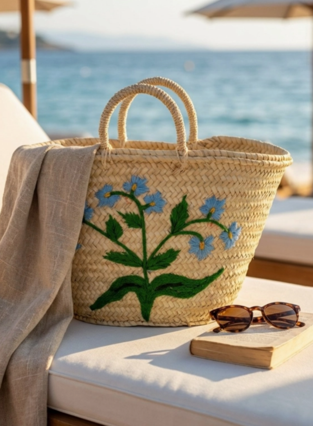 Melecraft Woven Straw Market Basket Tote in Embroidered Blue Floral