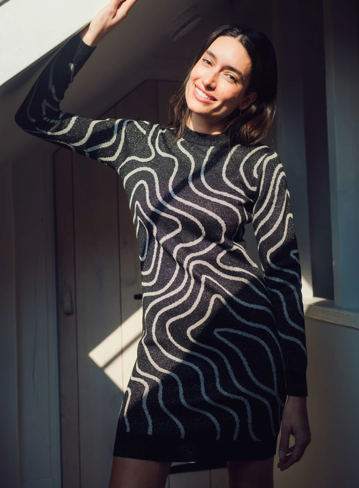 Sugarhill Brighton Kristen Mini Knit Dress in Gunmetal & Silver Swirls