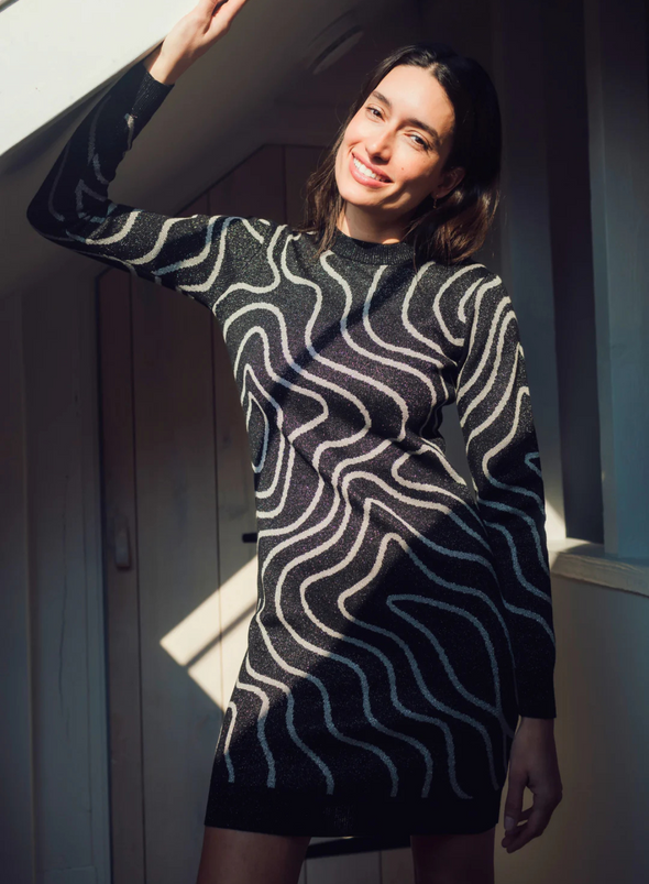 Kristen Mini Knit Dress in Gunmetal & Silver Swirls from Sugarhill