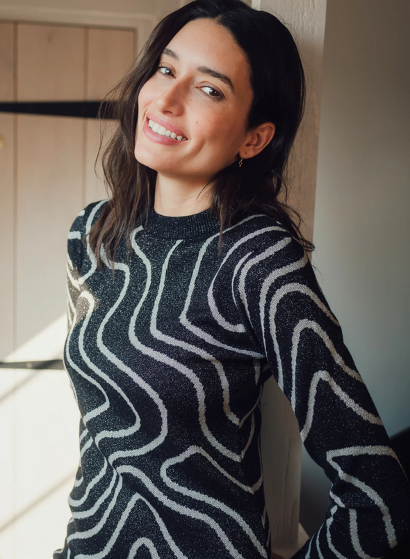 Kristen Mini Knit Dress in Gunmetal & Silver Swirls from Sugarhill