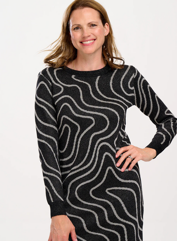 Kristen Mini Knit Dress in Gunmetal & Silver Swirls from Sugarhill