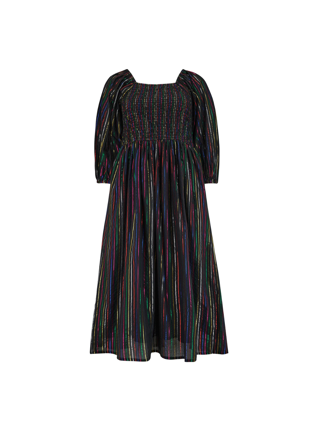Lillian Shirred Midi Dress in Black Metallic Rainbow Stripe from Sugarhill