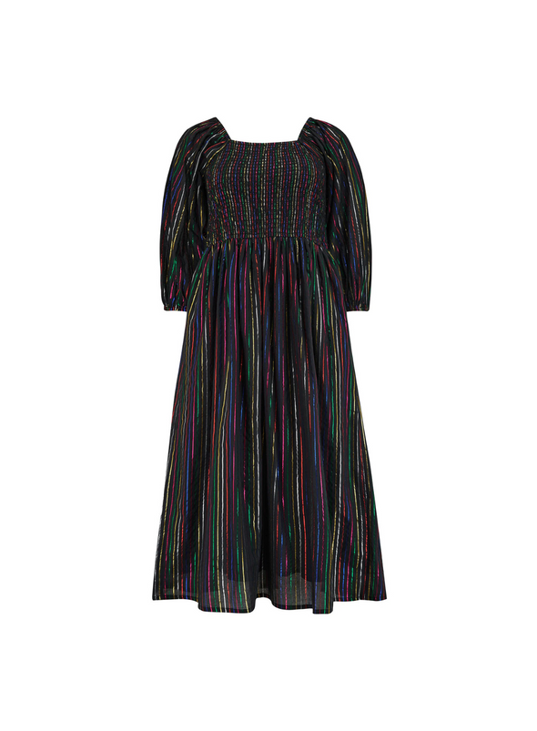 Lillian Shirred Midi Dress in Black Metallic Rainbow Stripe from Sugarhill