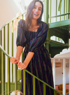 Lillian Shirred Midi Dress in Black Metallic Rainbow Stripe from Sugarhill