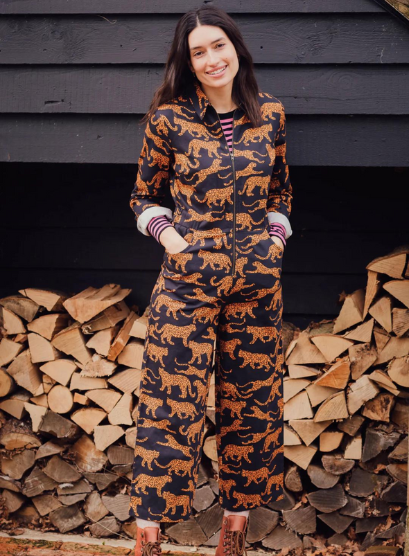 Gertie Cropped Jumpsuit in Black/Tan Large Leopards from Sugarhill