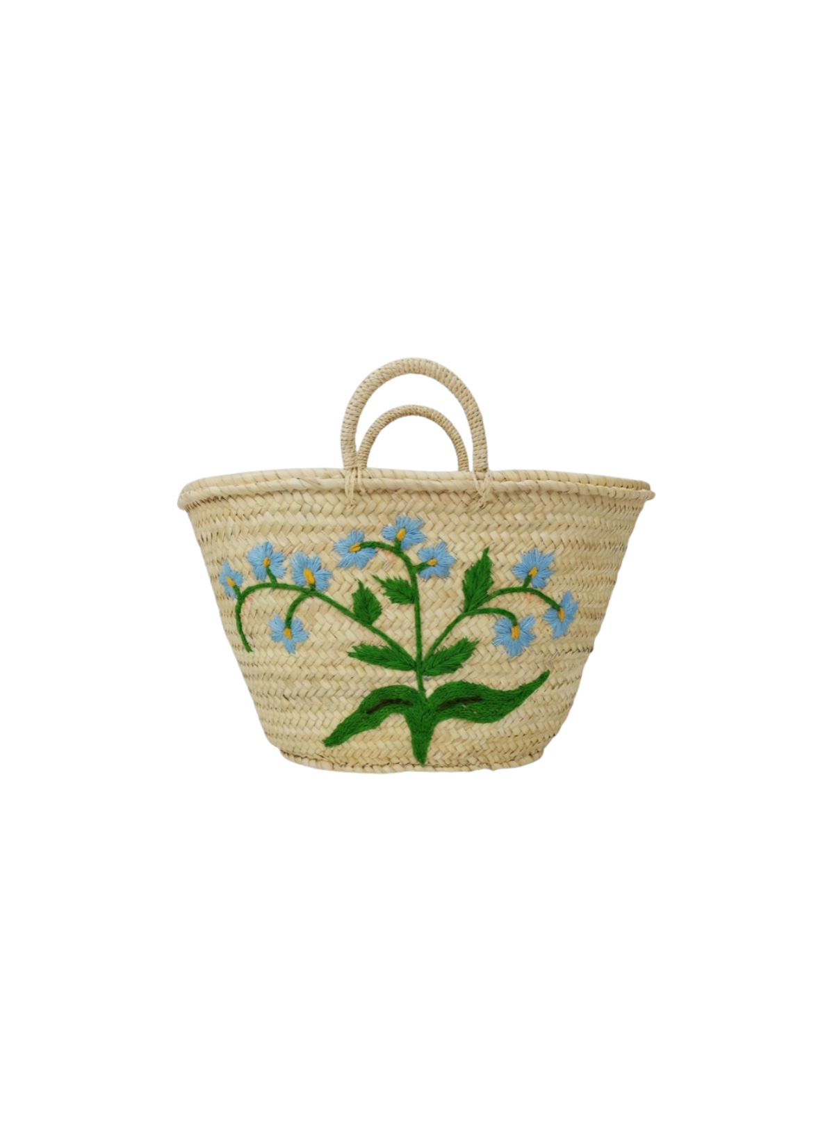 Melecraft Woven Straw Market Basket Tote in Embroidered Blue Floral