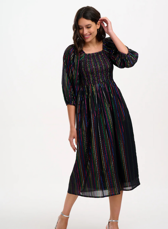 Lillian Shirred Midi Dress in Black Metallic Rainbow Stripe from Sugarhill