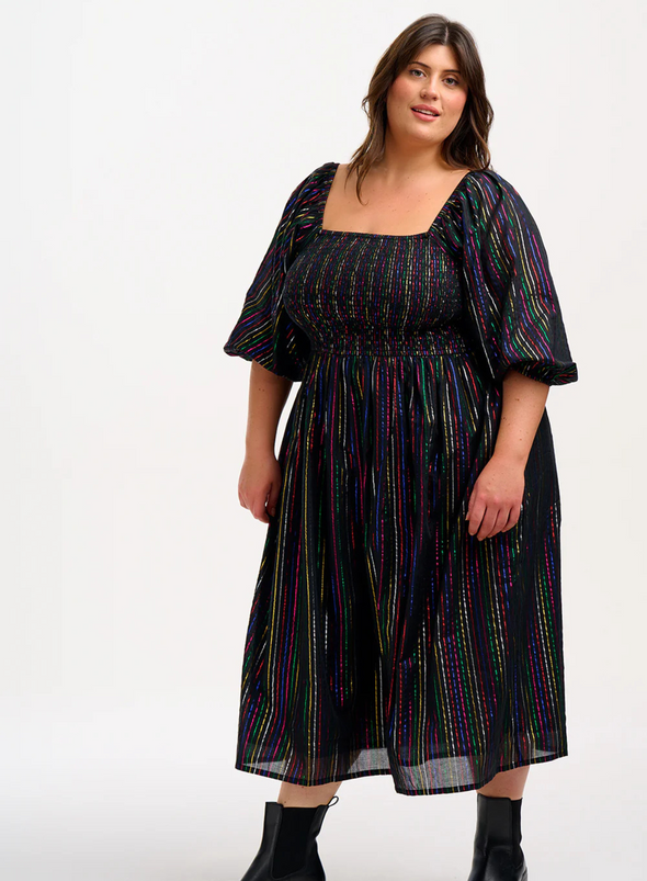 Lillian Shirred Midi Dress in Black Metallic Rainbow Stripe from Sugarhill