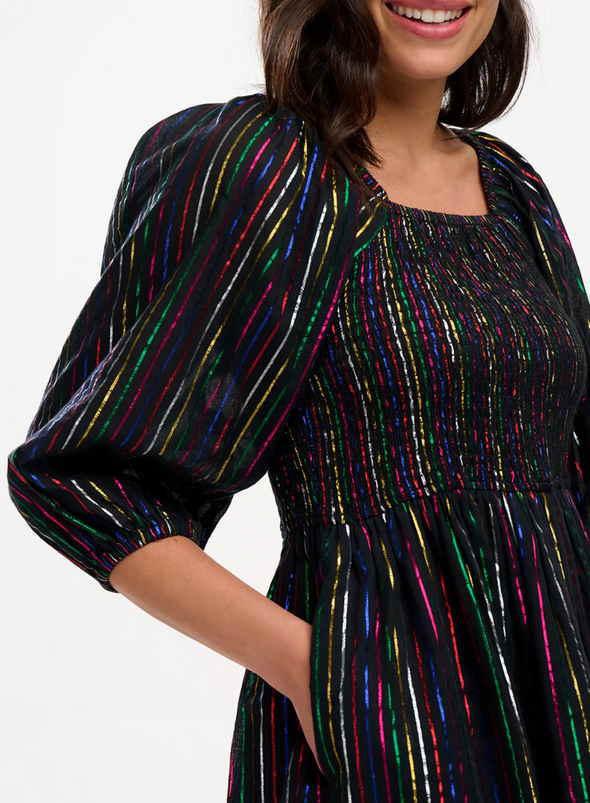 Lillian Shirred Midi Dress in Black Metallic Rainbow Stripe from Sugarhill