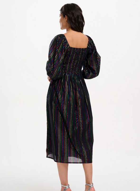 Lillian Shirred Midi Dress in Black Metallic Rainbow Stripe from Sugarhill