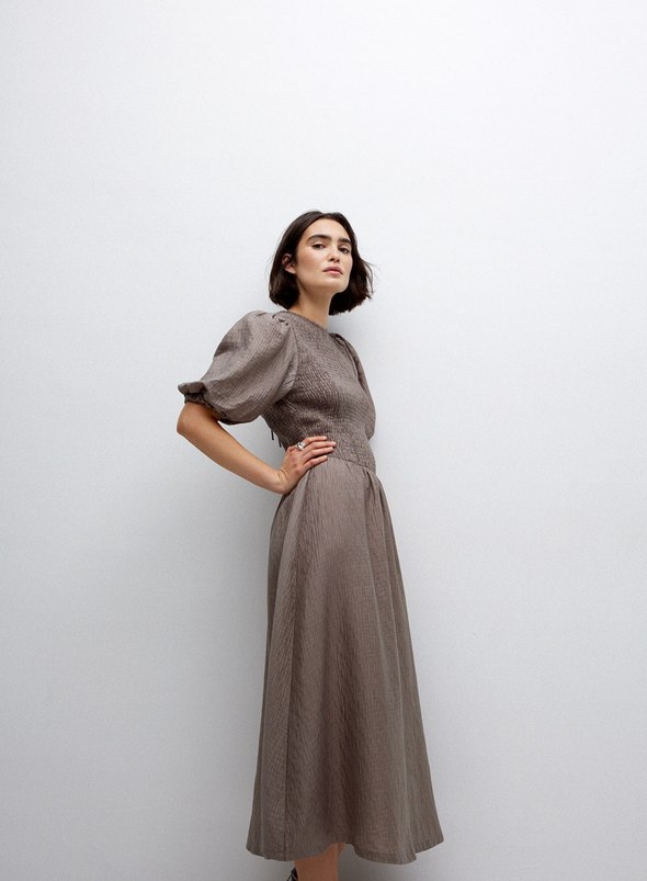 Procida Puff Sleeve Dress in Khaki from Yerse