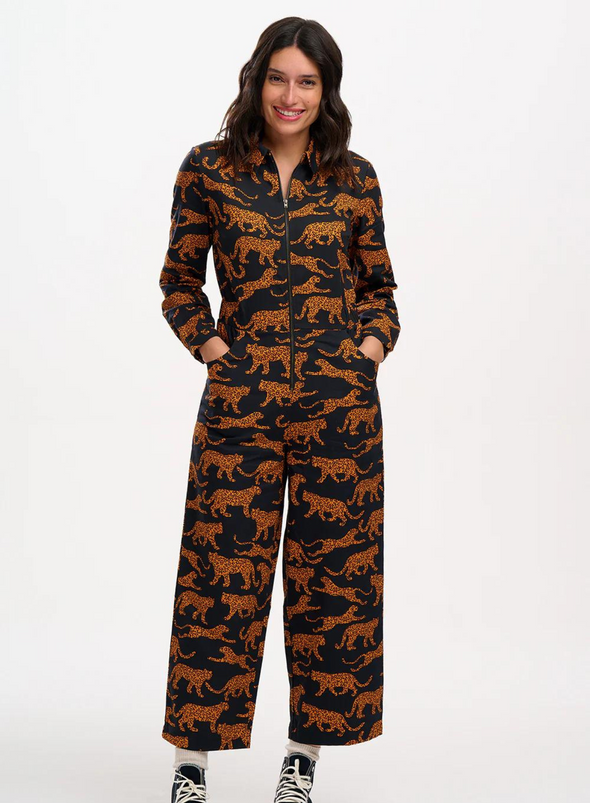 Gertie Cropped Jumpsuit in Black/Tan Large Leopards from Sugarhill