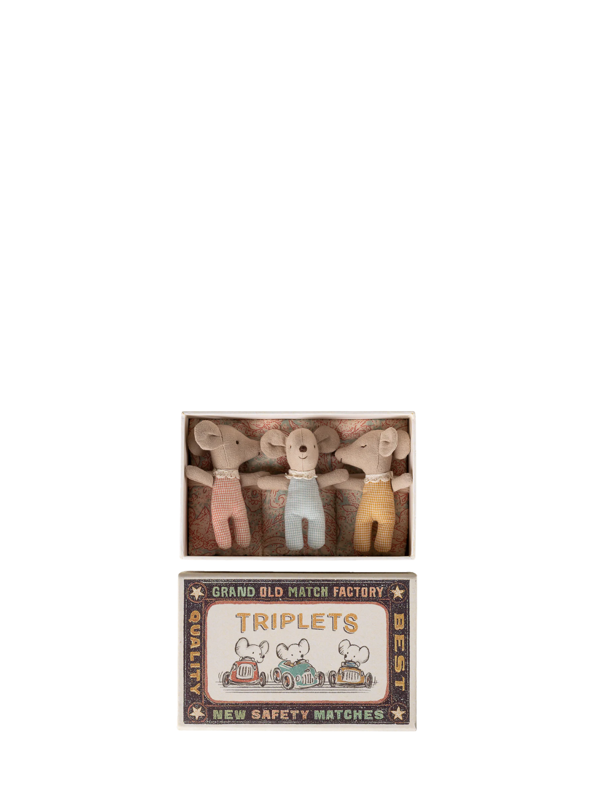 Maileg Triplets Baby Mice in Matchbox in Checker